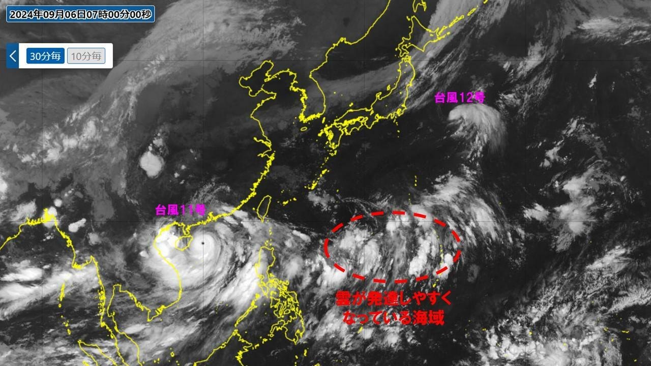 6日7時の気象衛星画像（気象庁HPを元に作成）。