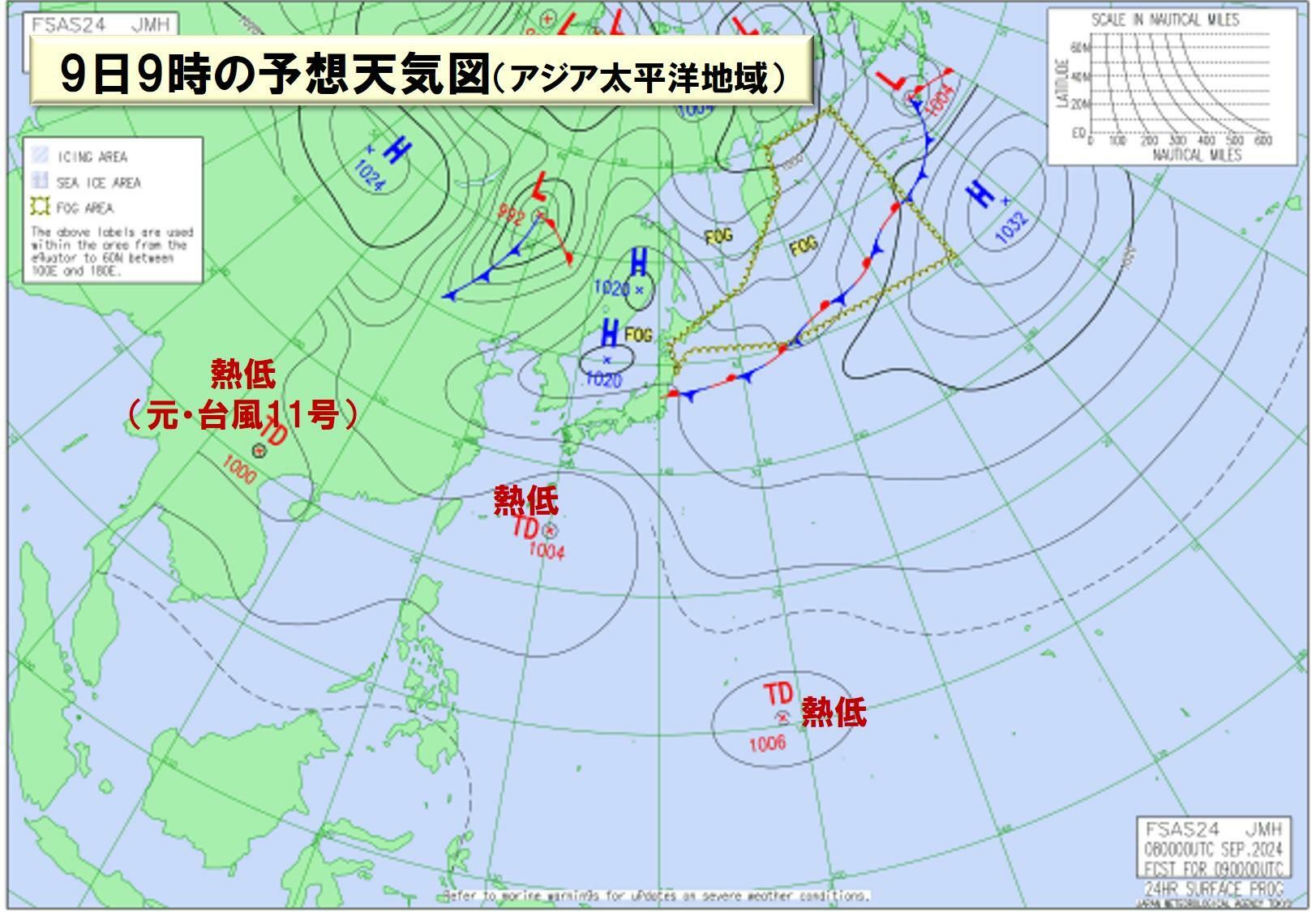 9日9時のアジア太平洋地域の予想天気図（気象庁HPを元に作成）。