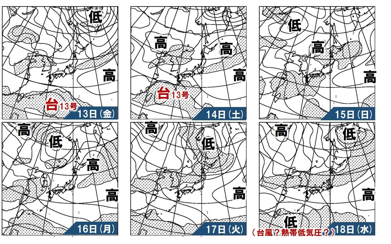 気圧配置と降水域（ドット）の予想（気象庁データを元に作成）