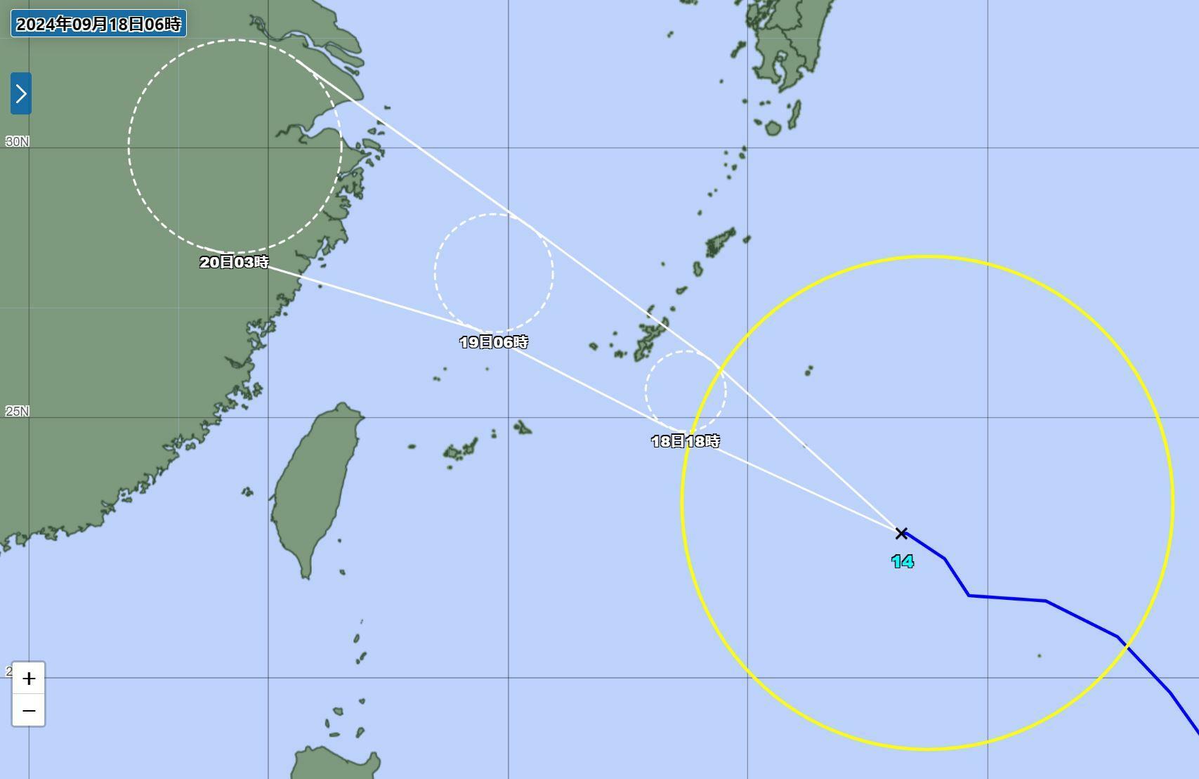 台風14号の進路図（気象庁HPより）。