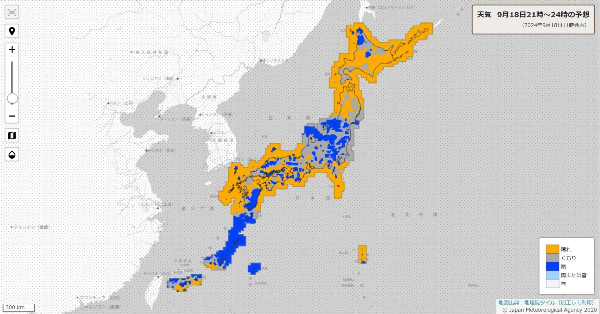 18日夜遅くの天気分布予報（気象庁HPより）。