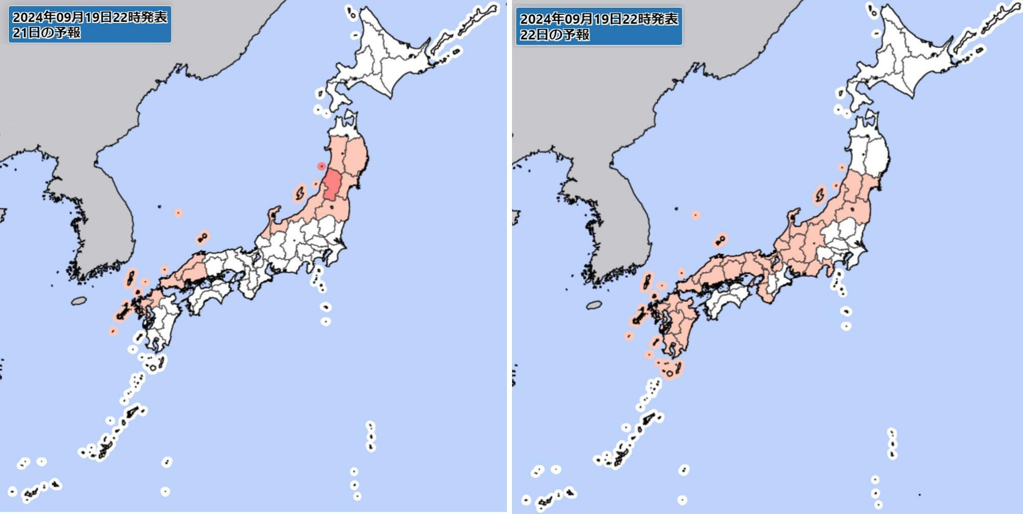 （左）21日と（右）22日の「警報級の可能性」（早期注意情報）。気象庁が大雨警報を出す可能性があるとしている地域のうち、可能性が特に高いところが赤、次に高いところがピンク色になっている。