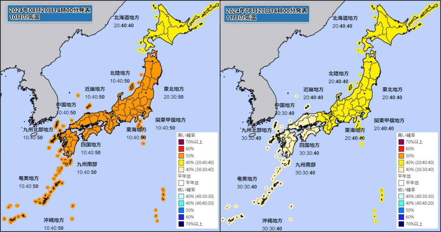 季節予報の（左）10月、（右）11時月の気温予想（気象庁HPを元に作成）。