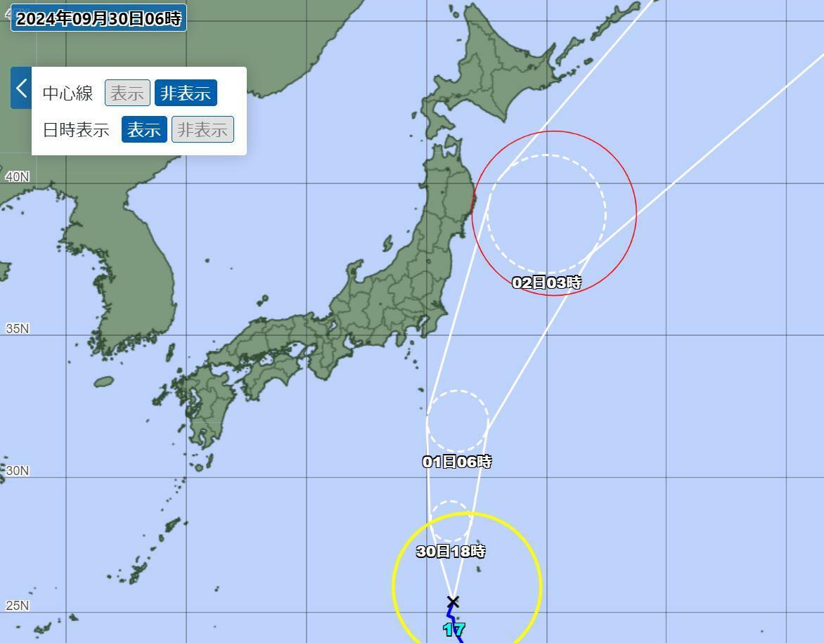 台風17号の情報（気象庁HPより）。