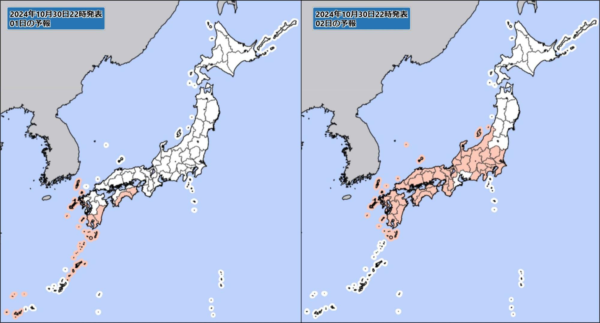 （左）11月1日、（右）2日の「大雨警報の可能性」（早期警戒情報）。ピンク色の地域は大雨警報が出る可能性がある（気象庁HPを元に作成）。