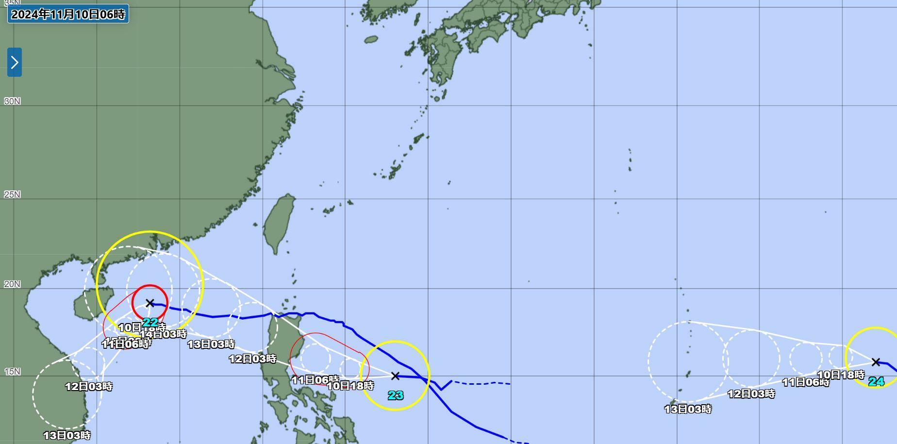 台風情報（気象庁HPより）。