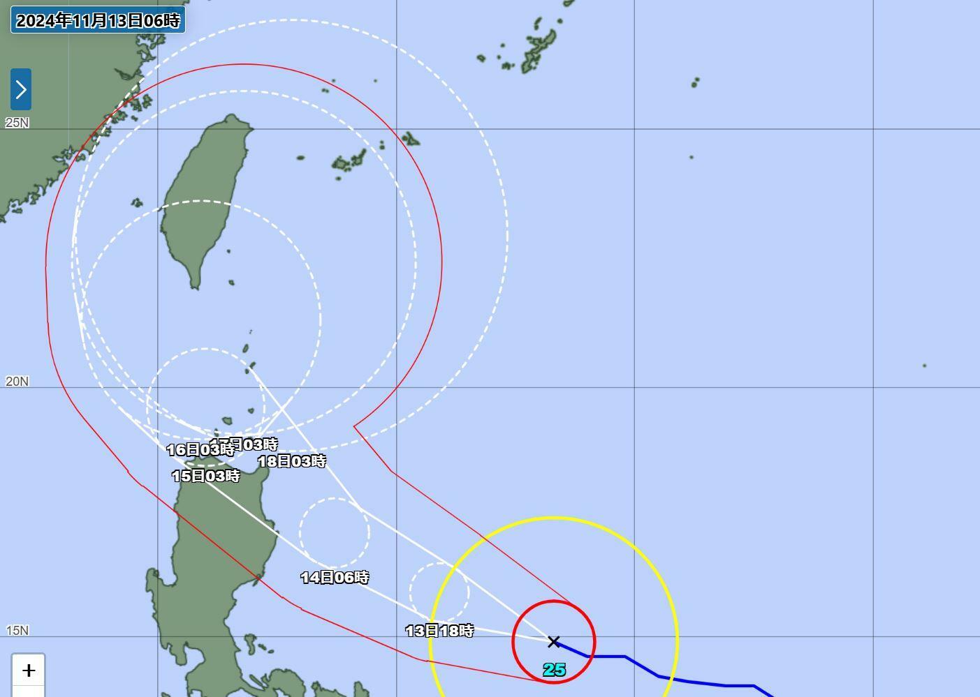 台風情報（気象庁HPより）。