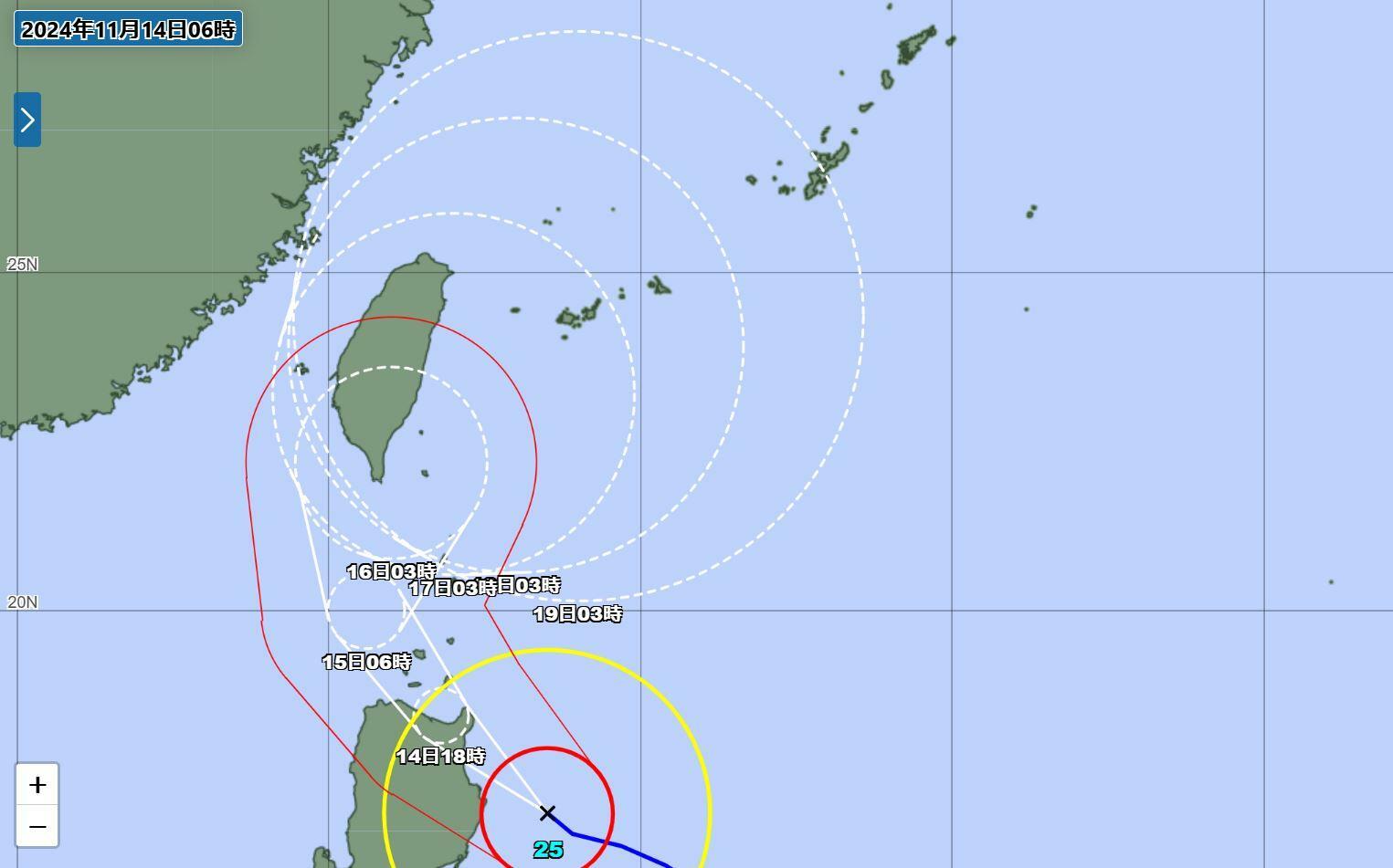 台風情報（気象庁HPより）。