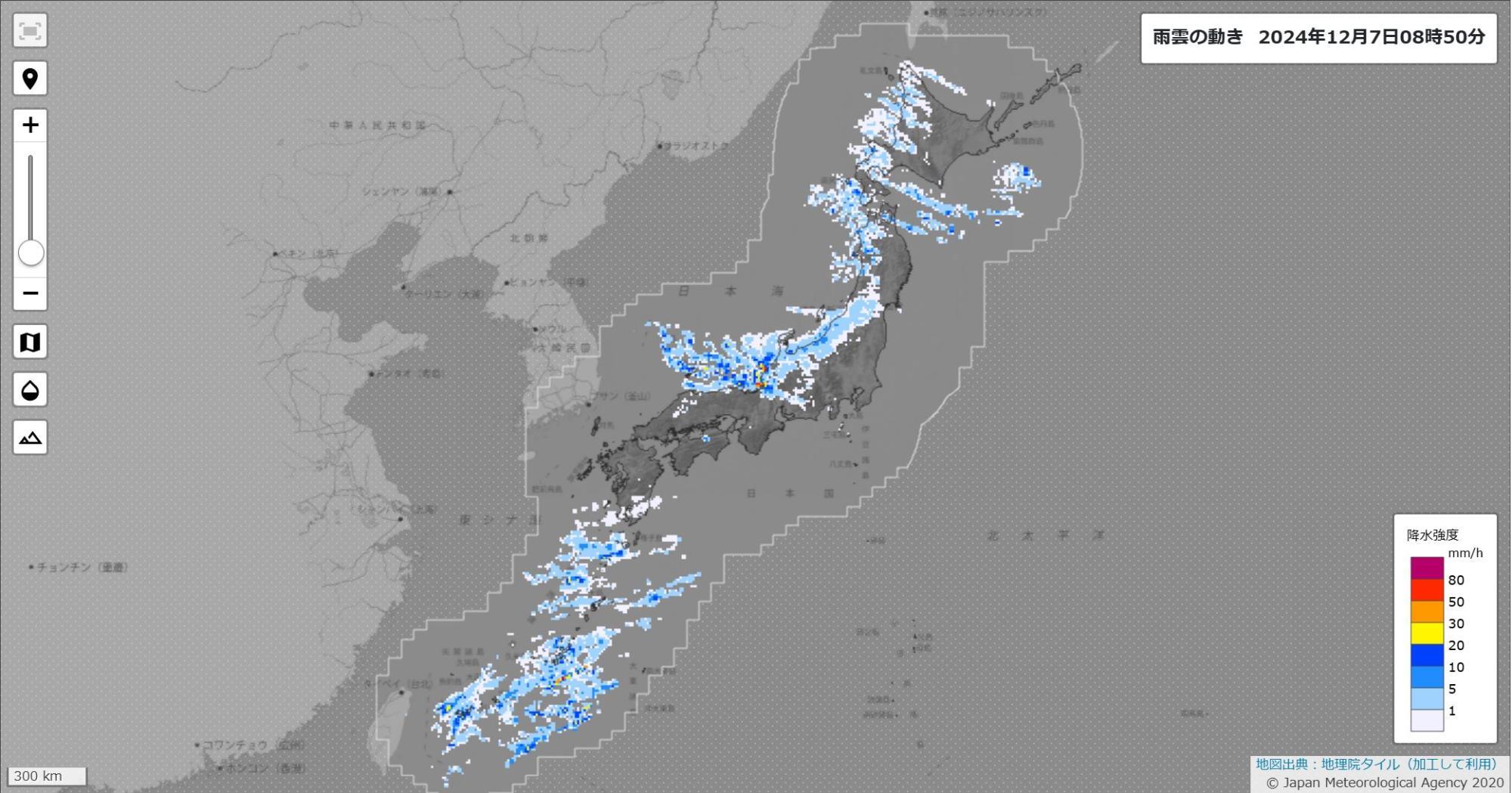 7日8時50分時点の雨雲・雪雲の様子（気象庁HPより）。