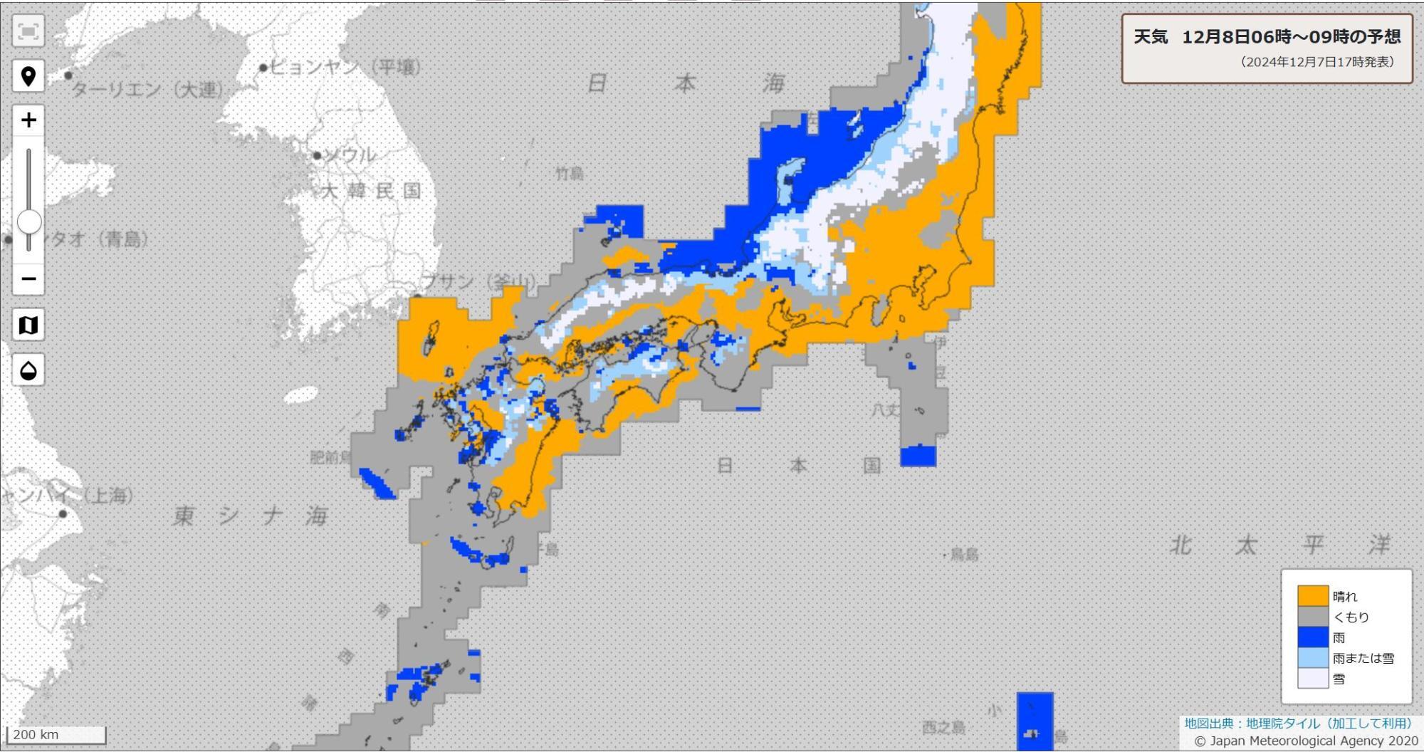 8日朝の天気分布予報（気象庁HPより）。