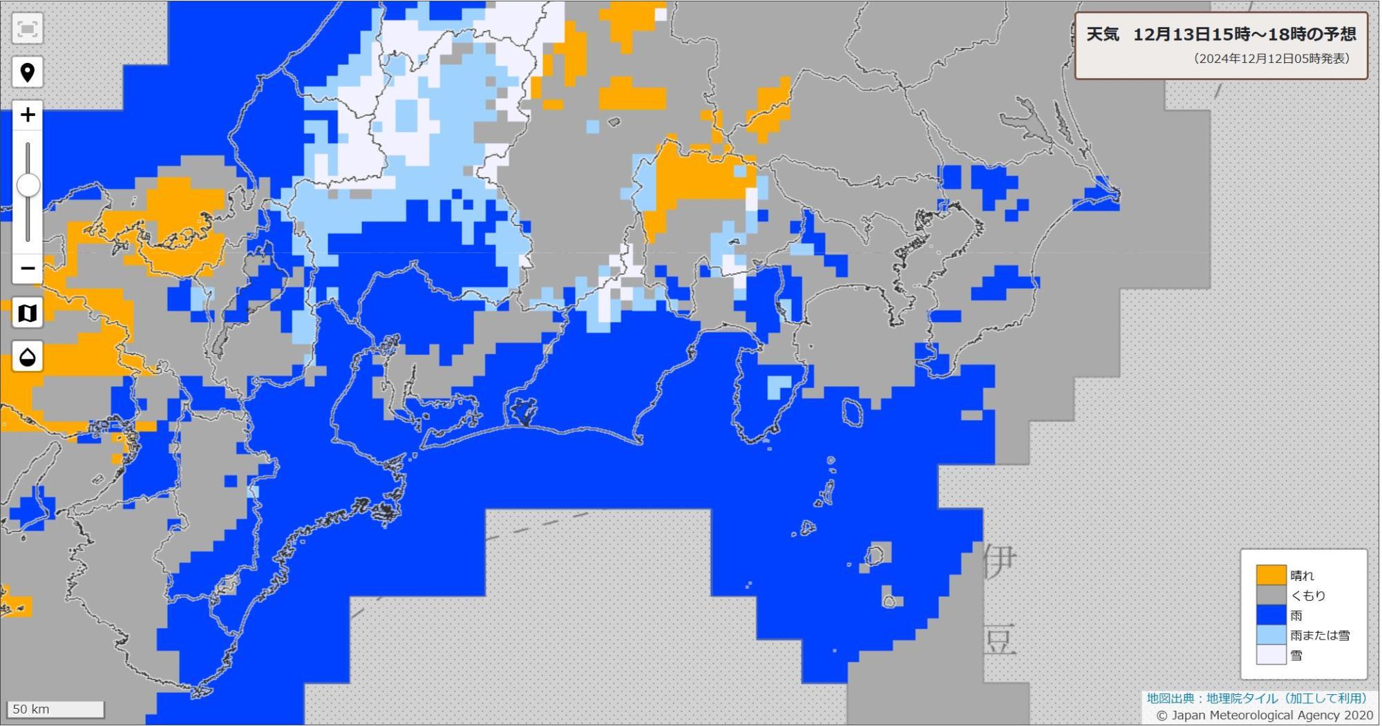 13日18時～21時の天気分布予報（気象庁HPより）。