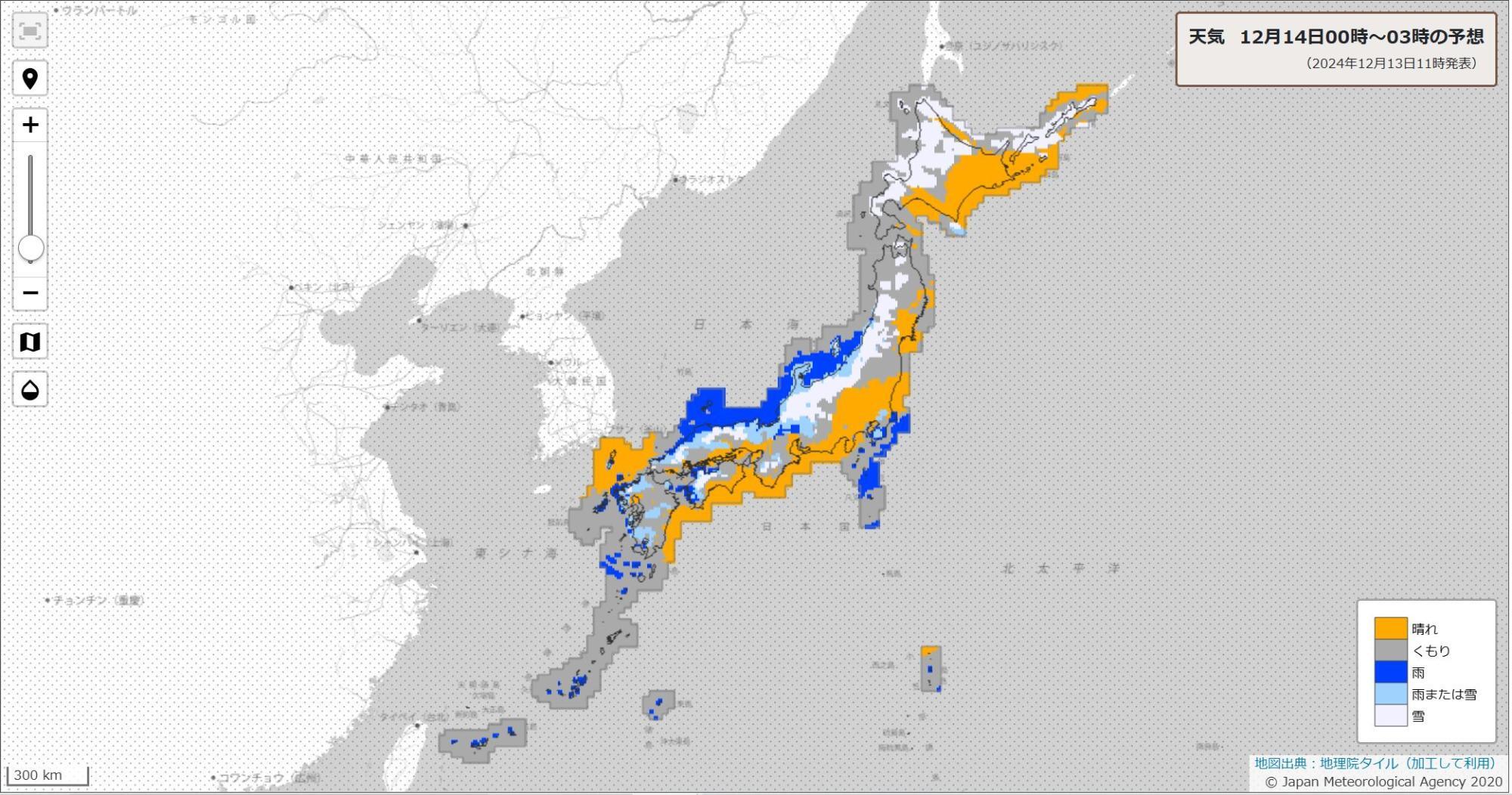 14日0時～3時の天気分布予報（気象庁HPより）。