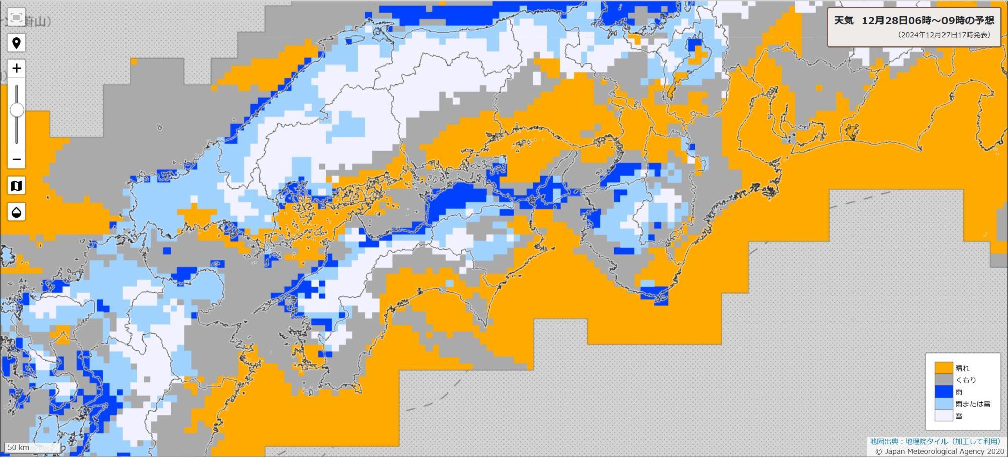 28日朝の西日本の天気分布予報（気象庁HPより）。