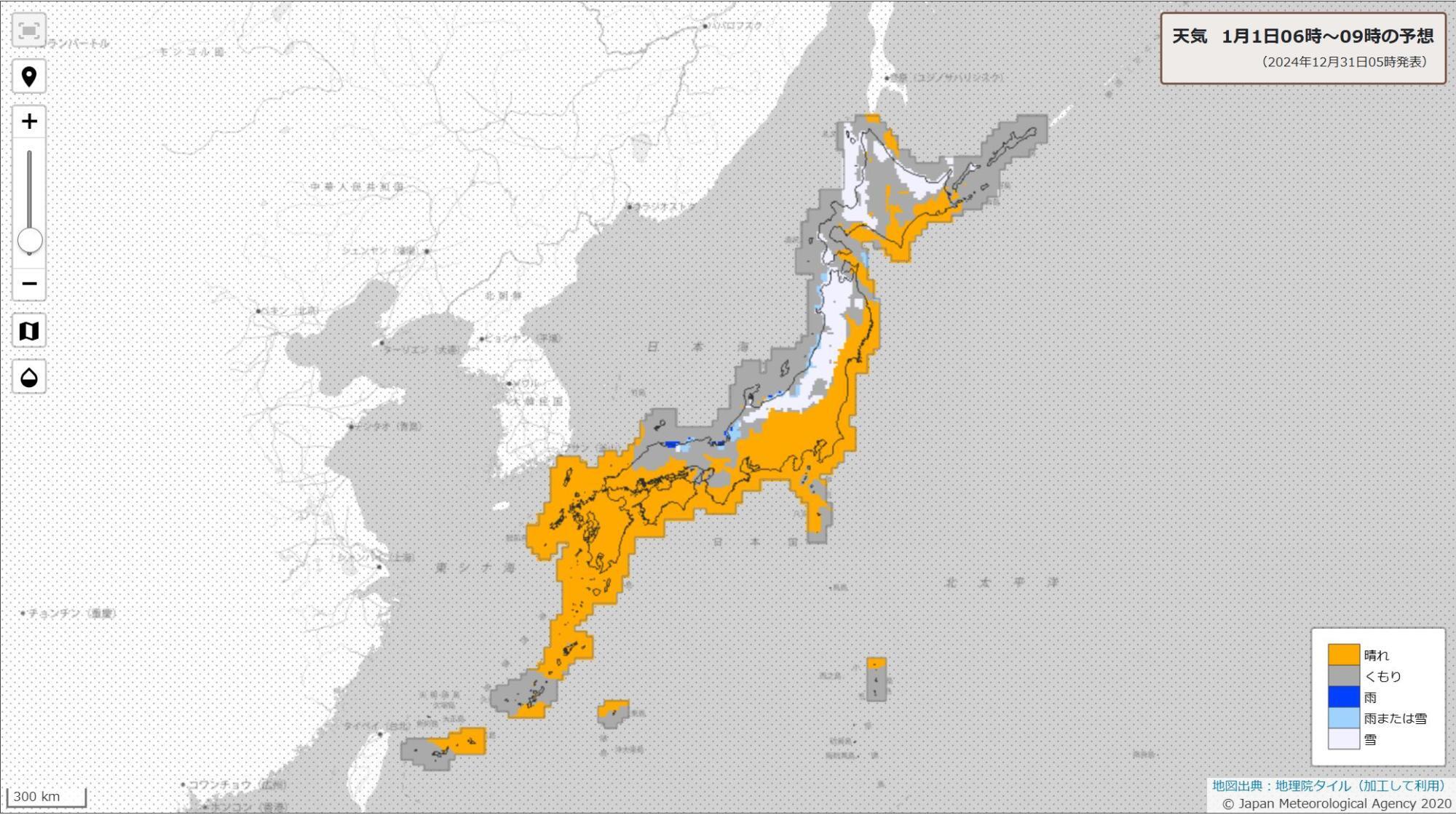 元旦の天気分布予報（気象庁HPより）。