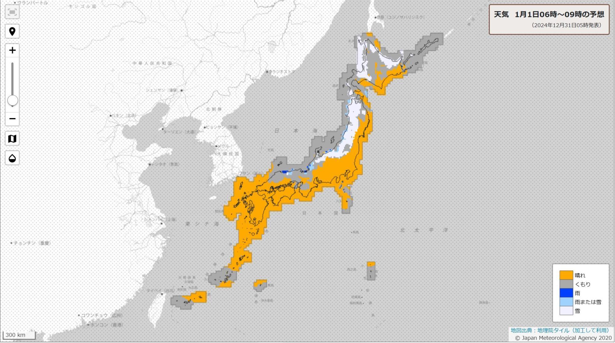 1月1日朝の天気分布予報（気象庁HPより）。