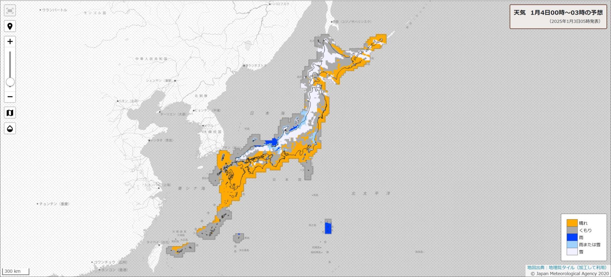 3日未明の天気分布予報（気象庁HPより）。