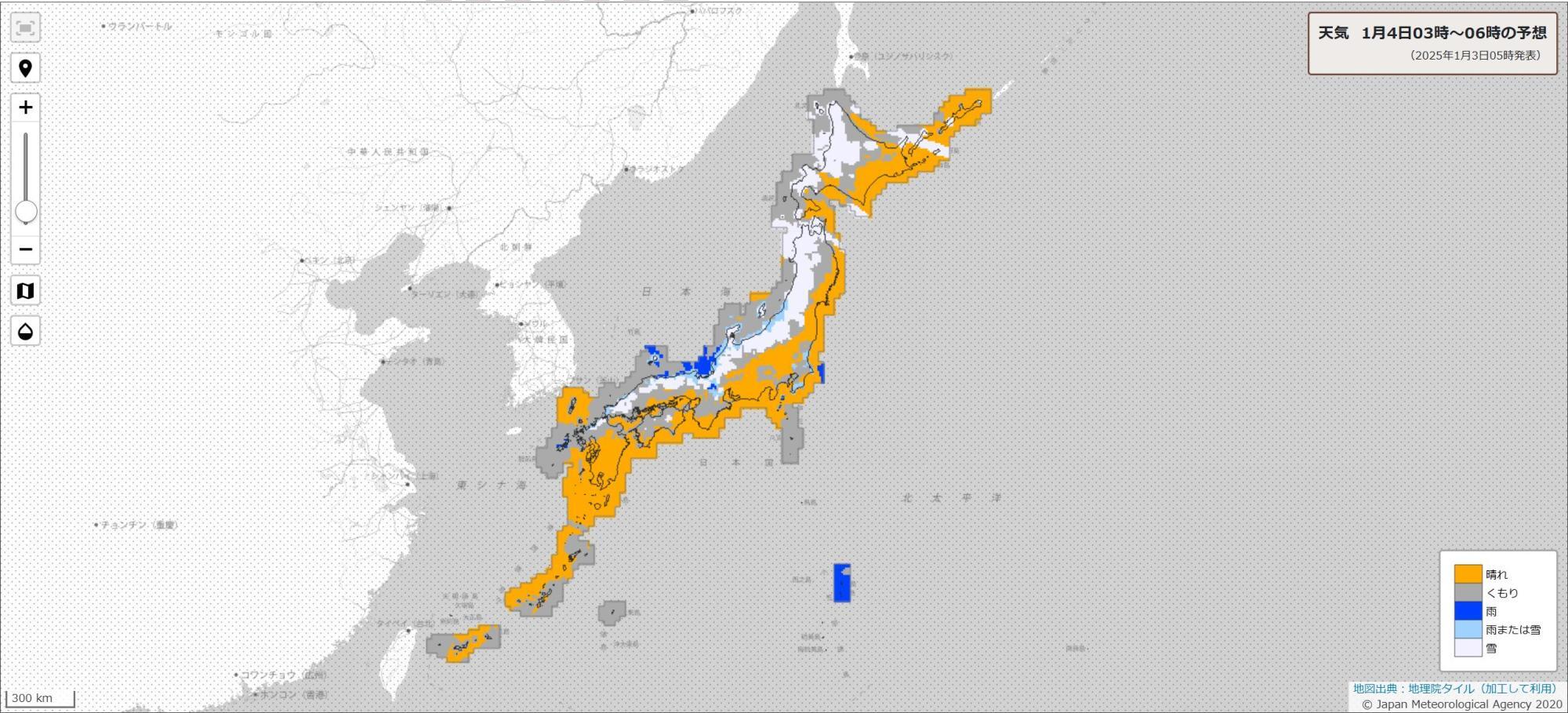 4日明け方の天気分布予報（気象庁HPより）。