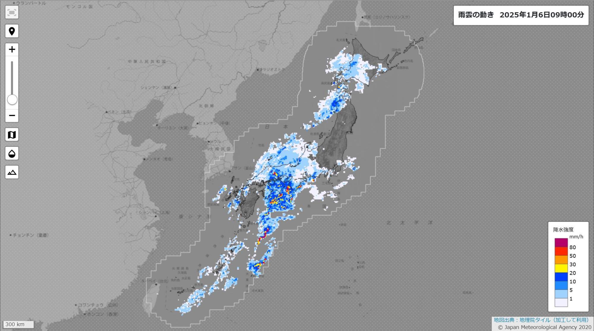 6日9時の雨雲の動き（気象庁HPより）。