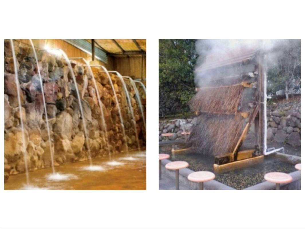 右の写真は竹製温泉冷却装置「湯雨竹」