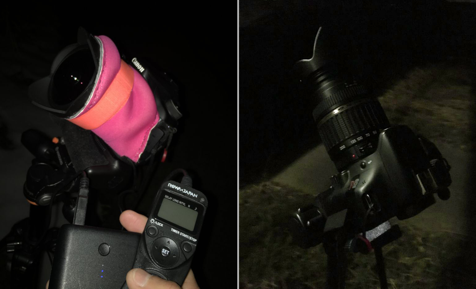 左：メインカメラの魚眼レンズにレンズヒータを装着しインターバル撮影　右：サブカメラにはズームレンズ