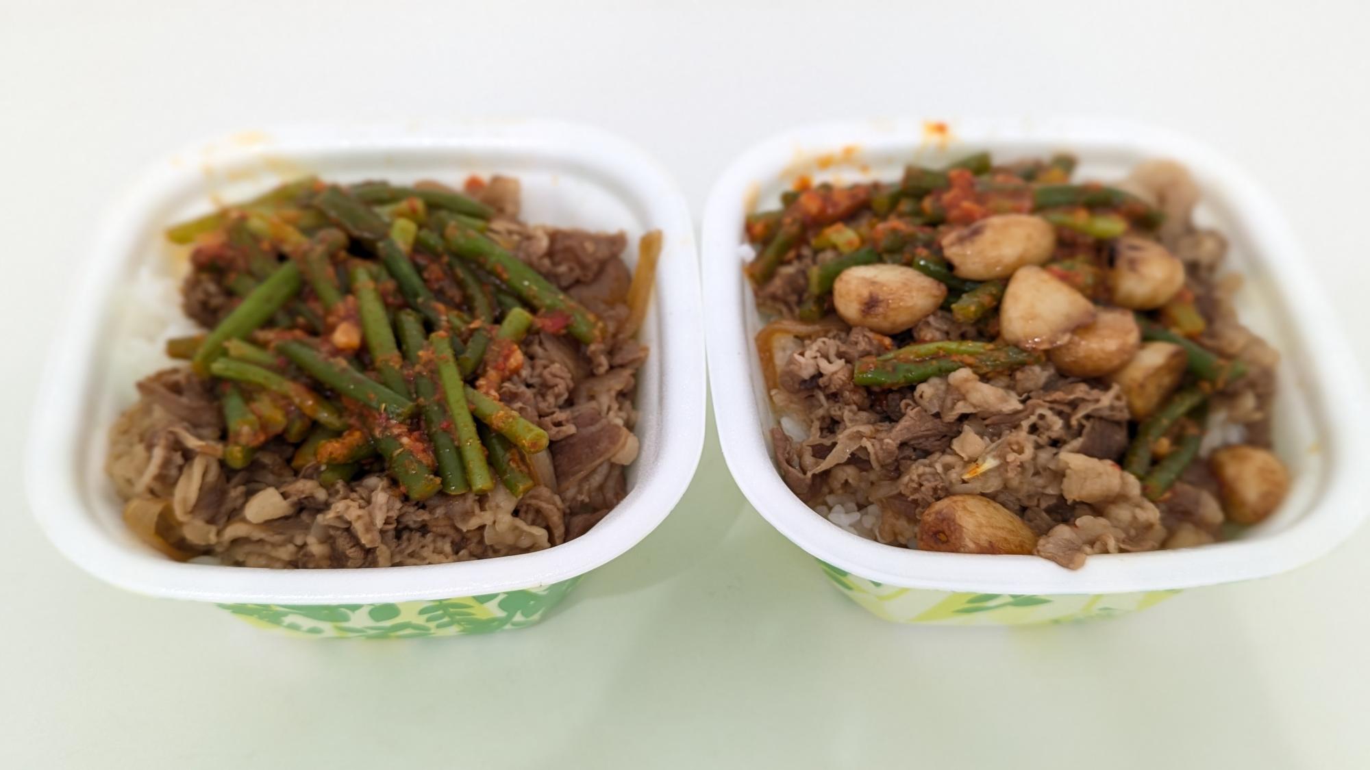 ニンニクの芽牛丼　並620円、ダブルニンニク牛丼　並680円