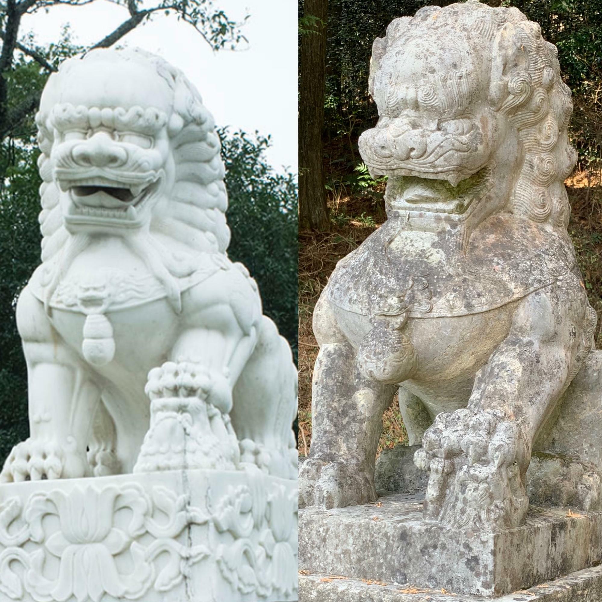 （右）長者山田貫神社の狛犬（左）平和公園で見た香港の狛犬