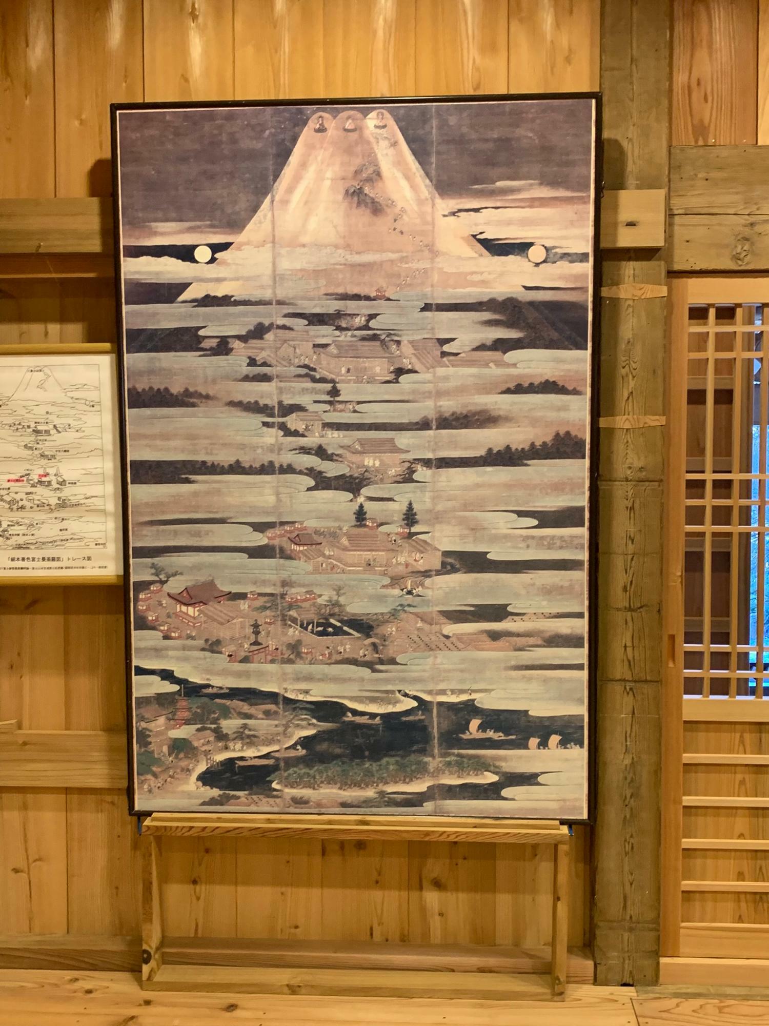 修験者が浅間大社や興法寺で体を清めてから富士山頂を目指す様子が描かれています