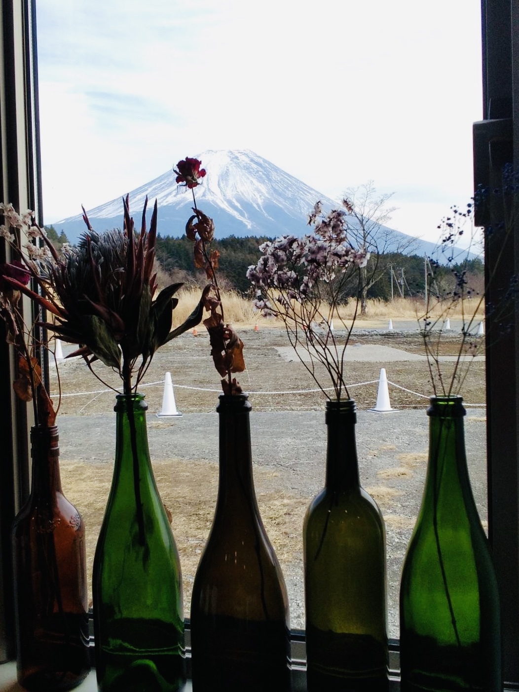 ショップの窓から富士山を望む