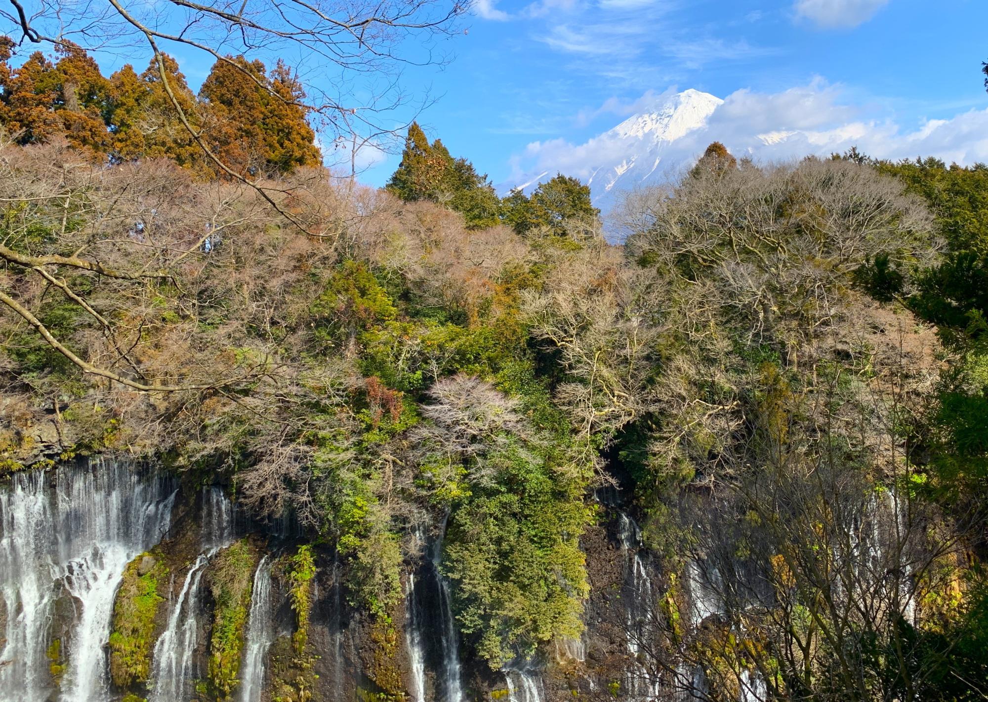 白糸の滝の向こうに富士山が見える絶景