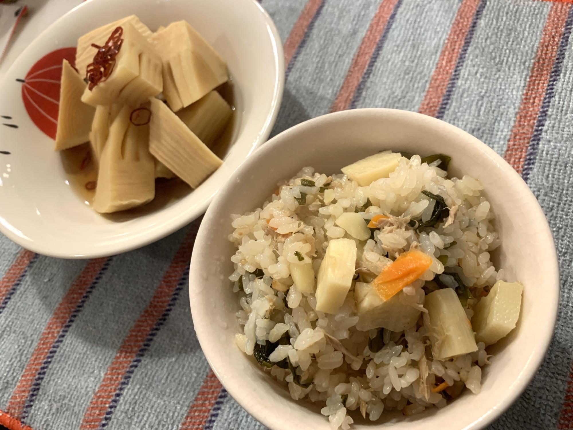 大嶋屋のたけのこの水煮で作ったたけのこご飯と煮物