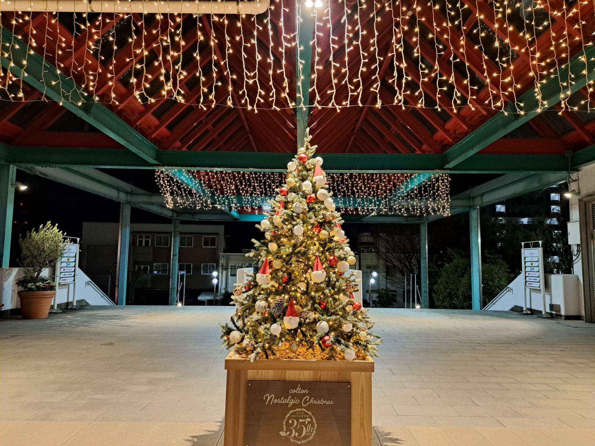 2023年のコルトンプラザの東入口のクリスマスツリー