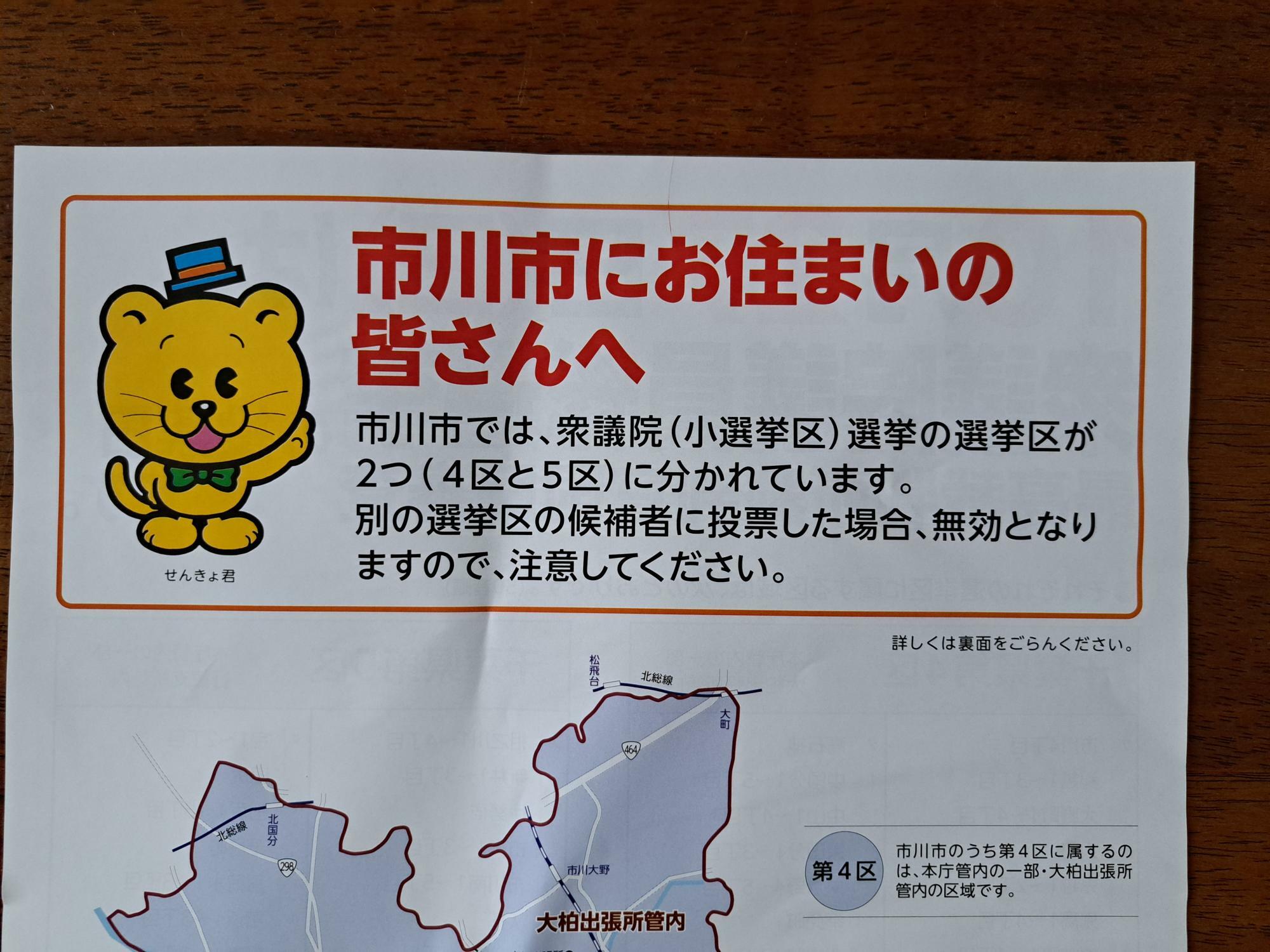 衆議院（小選挙区）選挙の選挙区が4区と5区に分かれています。