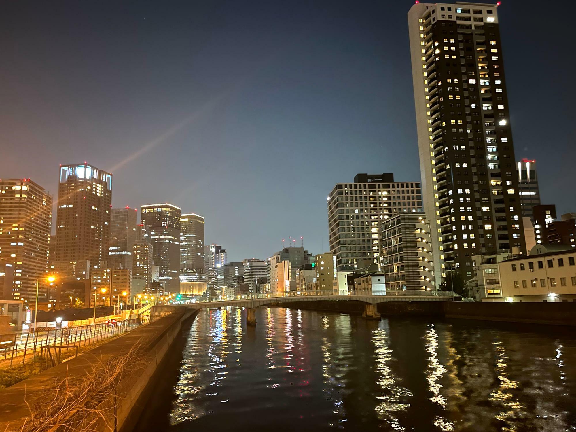 写真中央下に写るのが越中橋。左側が大阪市北区、右側が大阪市西区