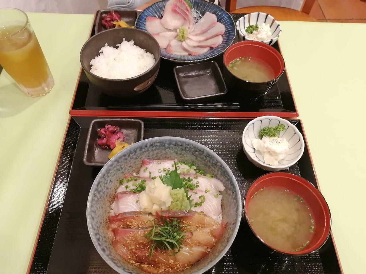 ボンタンぶり「あぶりと漬けハーフ丼」とボンタンぶり「刺身定食」※オープ特別価格