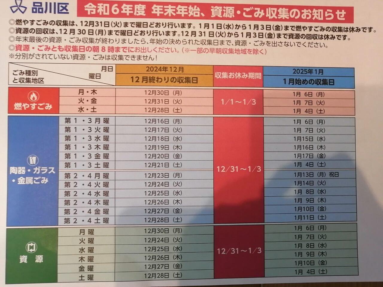 品川区】2024年末・2025年始の資源・ごみ収集のスケジュール 年末のごみ出しはお早めに！（ゆきみ） - エキスパート - Yahoo!ニュース