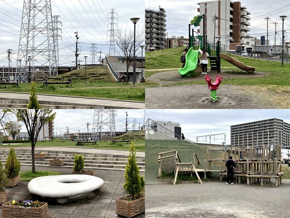 八潮駅前公園には、変わった形のベンチや遊具も置かれています。