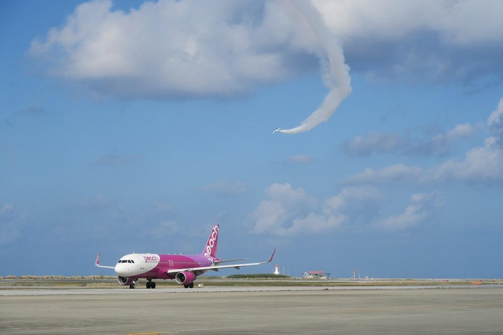 ピーチの上空に戦闘機が飛んでいます