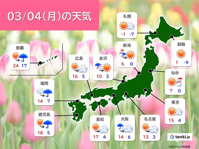 明日4日 北陸は春の雷 関東～九州は春の日差し 季節は一進一退 まだ