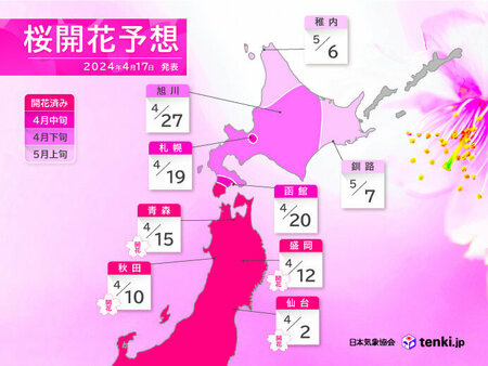 最新の桜開花・満開予想　桜前線は北海道を北上　札幌は19日に開花予想(tenki.jp)