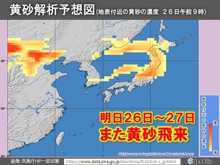 明日26日～また黄砂飛来　東日本は明日26日まで　北日本は27日まで　影響に注意(tenki.jp)