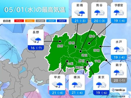 1日の関東　本降りの雨で今日とは一転ヒンヤリ　GW後半は晴れて30℃に迫る所も(tenki.jp)
