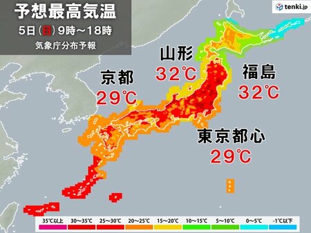 明日5日も最高気温30℃以上　GWの暑さのピーク　熱中症に注意(tenki.jp)