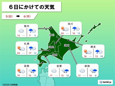 北海道　連休最終日から雨が続く　日本海側などで雨脚強まる(tenki.jp)