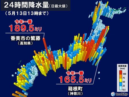 各地で今年一番の大雨　たった半日で200ミリ近い雨も　関東は夕方に再び強雨に注意(tenki.jp)