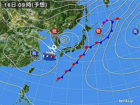九州　15日夜～16日　強風・高波に注意　気温やや低下　日本海で低気圧発達(tenki.jp)