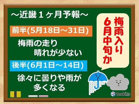関西 1か月予報　曇りや雨の日が多く蒸し暑い　梅雨支度は計画的に(tenki.jp)