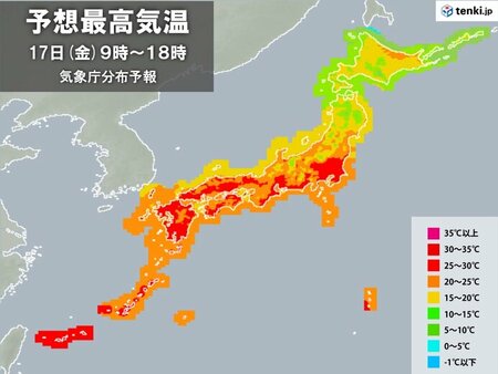 今日17日の最高気温　晴れる所は気温上昇で夏日続出　日本海側は気温降下でヒンヤリ(tenki.jp)
