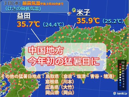 中国地方　今日3日は日本海側で35℃以上　週後半梅雨の晴れ間で猛暑　熱中症に警戒(tenki.jp)