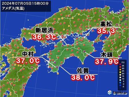 四国　高松など猛暑日続出　高知県の佐賀では38℃と危険な暑さに(tenki.jp)