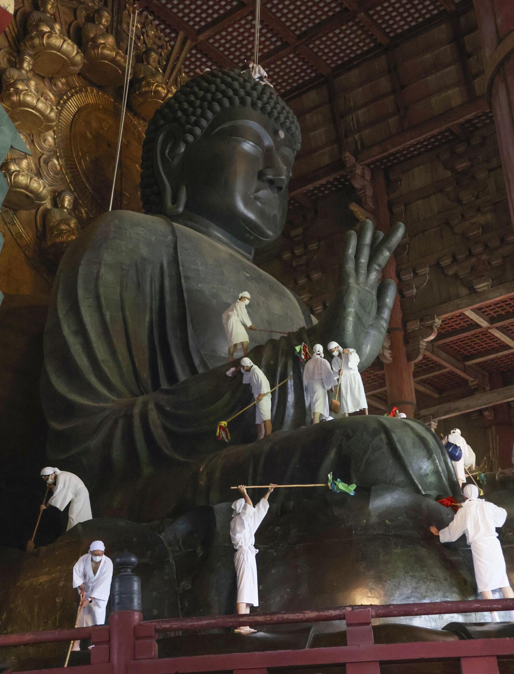 奈良の大仏様「お身拭い」 夏にすっきり、東大寺（共同通信） - Yahoo!ニュース